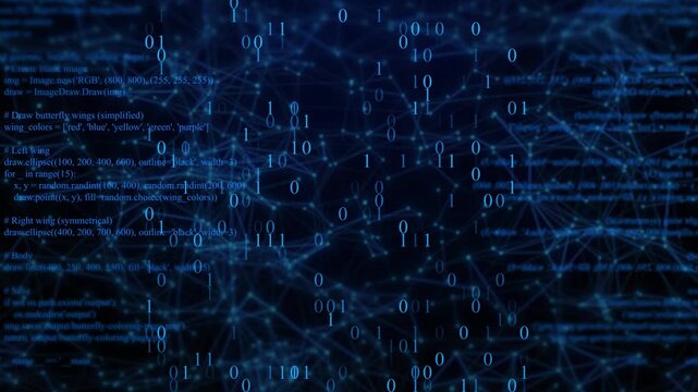 Digital Data Background: Binary Code, Abstract Network, And Programming. Technology, Ai, Cybersecurity, And Big Data Concept. Digital Data Stream Binary Code And Abstract Network Grid With Programming