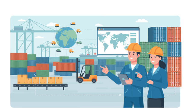 Professional workers in hard hats overseeing logistics and inventory management at a busy shipping port with cargo containers, a forklift, and a global map displayed on a computer screen, symbolizing