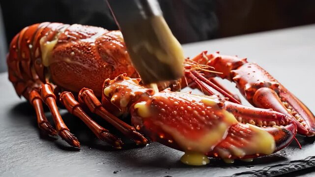 Cooked lobster shellfish brushed with melted butter sauce on dark surface delicious seafood meal