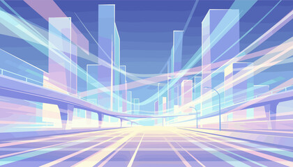 Abstract pastel light streaks create a futuristic urban street scene with towering skyscrapers and elevated highways, evoking a sense of speed, motion, and modern city life in a dreamy, ethereal