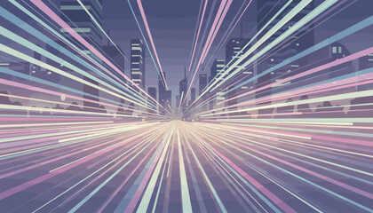 Abstract pastel light streaks create a dynamic urban street scene with a sense of speed and motion, depicting a futuristic cityscape with tall buildings and a vibrant, energetic atmosphere, perfect