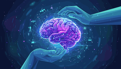 Abstract illustration of a glowing, vibrant human brain, intricately connected by a digital network, cradled between two stylized hands against a dark, cosmic background with scientific icons