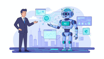 Futuristic AI technology concept with a businessman interacting with a robot, showcasing artificial intelligence, data analysis, and advanced algorithms against a city skyline background