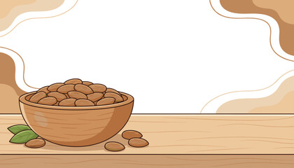 A charming, hand-drawn illustration features a rustic wooden bowl overflowing with whole almonds, placed on a light-colored wooden table, with a few almonds scattered around and fresh green leaves