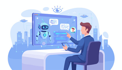 Modern businessman interacting with a friendly AI chatbot on a futuristic holographic interface, showcasing artificial intelligence and technology in a smart city environment with flying vehicles and