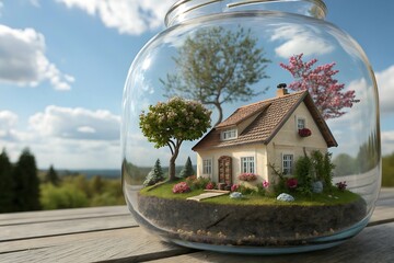 Miniature house in a glass jar with trees and flowers on a wooden table