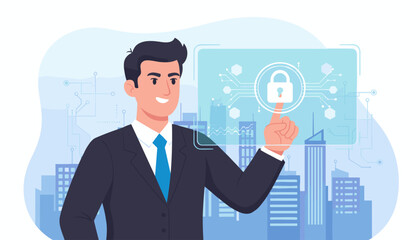 Professional businessman in a suit interacting with a futuristic digital interface displaying a padlock icon and network connections, symbolizing data security, authentication, and verification in a