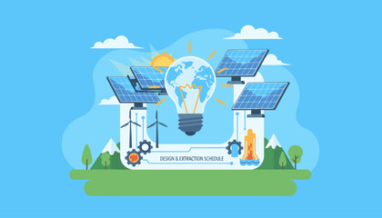 Vibrant illustration showcasing the interconnectedness of renewable energy sources, featuring solar panels, wind turbines, and a lightbulb with the Earth inside, symbolizing global sustainability and