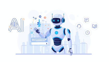Futuristic AI robot interacting with a digital interface, symbolizing artificial intelligence, machine learning, and advanced technology, with icons representing communication, learning, and time