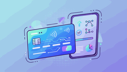 Vibrant digital illustration showcasing a credit card with contactless payment symbols and circuit board design alongside a smartphone displaying charts and graphs, representing modern financial