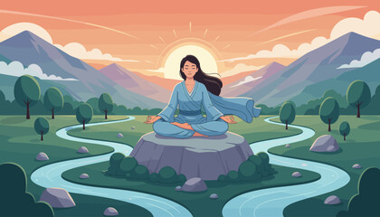 Serene woman in blue meditating in lotus position on a rock amidst a tranquil landscape with winding river, lush trees, and majestic mountains under a vibrant sunrise, symbolizing peace, mindfulness