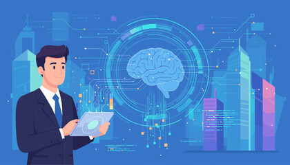 Futuristic businessman in a suit holding a tablet displaying a digital brain and network connections, symbolizing artificial intelligence and machine learning, with abstract city skyscrapers in the