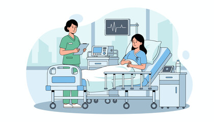 Caring nurse in green uniform checks on a worried Asian woman lying in a hospital bed, with medical equipment including a heart monitor and vital signs monitor nearby, illustrating healthcare and