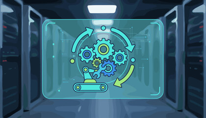 Abstract digital illustration of automation management icon with gears, robotic arm, and circular arrows, displayed on a virtual screen interface within a modern server room, representing technology