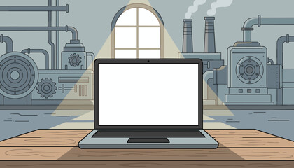 Blank white laptop screen on a wooden table in front of a stylized industrial factory interior with pipes, machinery, smokestacks, and a large arched window, symbolizing technology and industry.
