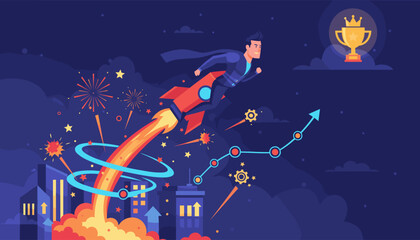 Dynamic illustration of a determined businessman in a suit and cape soaring on a rocket ship, symbolizing business growth, innovation, and rapid progress towards a golden trophy of success against a