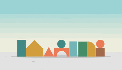 A whimsical and modern flat vector illustration showcases a row of colorful building blocks, including squares, triangles, circles, and arches, arranged against a soft gradient sky, evoking a sense