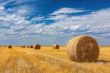 Fototapeta premium Expansive Blue Sky Above a Golden Kansas Wheat Field with Round Hay Bales: A Portrait of American West Agriculture