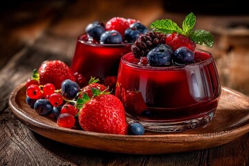 Two glass bowls hold a rich berry dessert topped with fresh blueberries, strawberries, and mint leaves