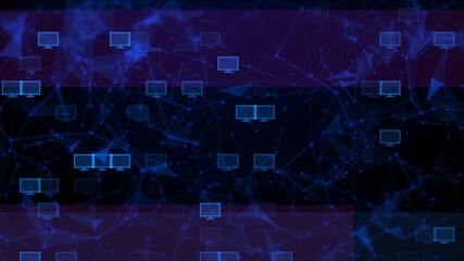 Digital Network Background With Computer Icons And Abstract Plexus Connections. Global Technology, Data Communication, And Cybersecurity Concept In Blue Tones. Abstract Global Computer Network And - Powered by Adobe