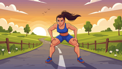 Determined female athlete with muscular physique in athletic wear crouches on a paved road at sunrise, ready for an intense run through a scenic countryside landscape with rolling hills, trees, and a