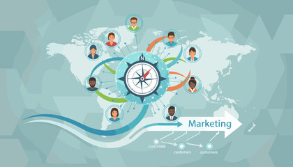 Global marketing strategy concept with a compass at the center, connecting diverse people icons across a world map, illustrating customer outreach and business direction with an arrow pointing