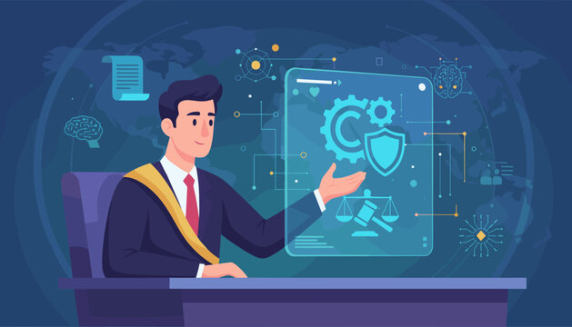 Modern businessman presenting copyright, patent, and intellectual property concept with digital interface showing gears, shield, scales of justice, and brain icons, symbolizing innovation and legal