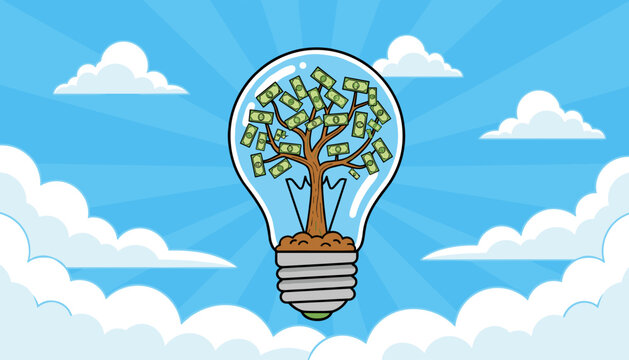 Conceptual illustration of a light bulb containing a tree with dollar bills as leaves, symbolizing financial growth and innovative ideas, set against a bright blue sky with fluffy clouds and sun rays.