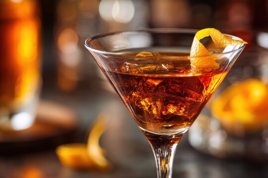 Elegant Martinez Cocktail: A Classic Gin Beverage Set Against a Chic Bar Background
