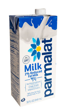 Millburn, New Jersey, USA - October 19, 2025: A container of Parmalat 2% reduced fat milk on a transparent background.
