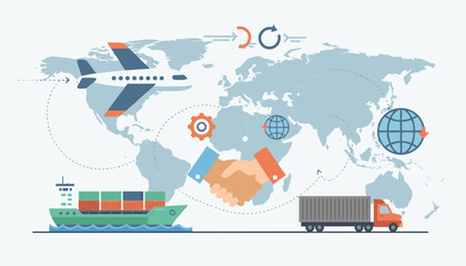 Global logistics and transportation partnership illustrated with an airplane, cargo ship, and truck on a world map background, symbolizing international trade, supply chain, and business cooperation
