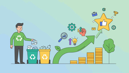 Vector creative illustration of business growth and recycling concept, showing a man sorting waste into recycling bins, a green arrow graph ascending towards a star with a thumbs up, symbolizing
