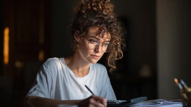 A woman with curly hair and glasses sits at a desk, writing on papers by dim light.