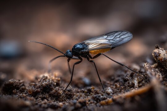 Close-Up View of Adult Dark-Winged Fungus Gnat on Soil, Notorious Pest in Home Agriculture