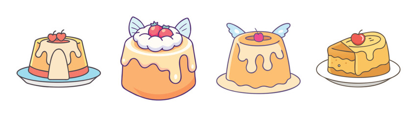 Delicious dessert cakes with creamy frosting and fruit toppings vector illustration design art