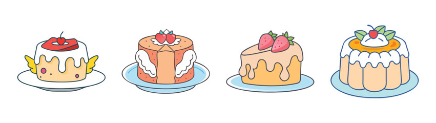 Delicious cartoon cakes with fruit toppings strawberry cherry and orange dessert pastry art drawing