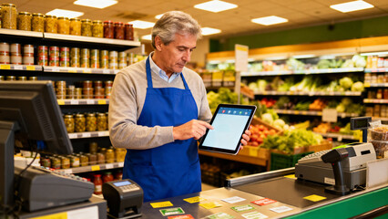 Senior shopkeeper using digital tablet at grocery store checkout counter