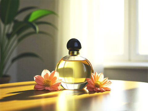 Round glass perfume bottle with black cap and orange flowers fragrance. - Powered by Adobe