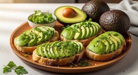 Sliced artisan bread with avocado and herbs on a wooden plate, healthy breakfast or snack
