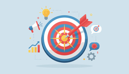 Vivid illustration of business marketing concepts, featuring a red dart hitting the bullseye of a target, symbolizing success and achievement, surrounded by icons like a lightbulb for ideas, a