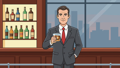 Successful businessman in a sharp grey suit and red tie, holding a glass of whiskey with ice, standing confidently at a polished wooden bar with a backdrop of a city skyline at dusk, exuding