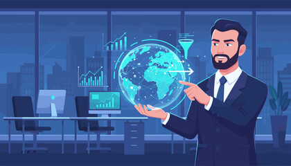A sophisticated businessman in a dark suit holds a glowing holographic projection of the Earth, symbolizing global data networks and digital connectivity, with charts and graphs indicating business