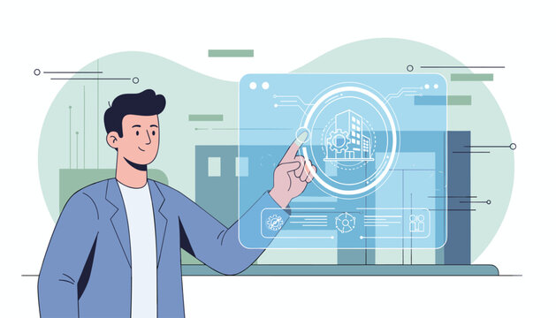Modern man interacting with a futuristic holographic interface displaying building management system data, including architectural blueprints, gears, and analytics, representing smart city technology - Powered by Adobe