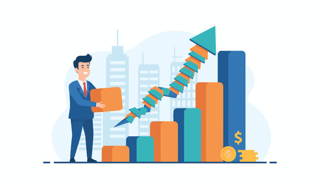 Dynamic business growth illustration featuring a smiling businessman in a suit holding a box, standing beside a vibrant bar chart with an upward trending arrow, symbolizing investment, success, and