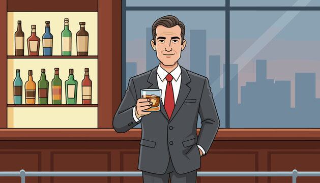 Successful businessman in a sharp grey suit and red tie, holding a glass of whiskey with ice, standing confidently at a polished wooden bar with a backdrop of a city skyline at dusk, exuding