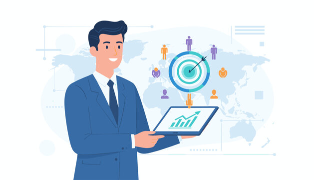 Smiling businessman in a blue suit holding a tablet displaying a growing graph, with a digital target and diverse people icons connected around a world map background, symbolizing global business