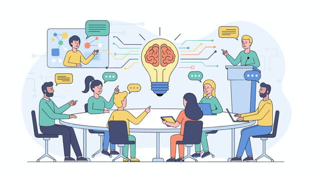 Diverse team of professionals collaborating around a conference table, brainstorming ideas with a glowing lightbulb symbolizing innovation and a brain representing intelligence, while a presenter