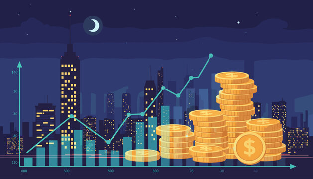 Dynamic financial growth illustrated by a vibrant blue line graph ascending through a nighttime cityscape, superimposed with stacks of golden coins and bar charts, symbolizing economic success and