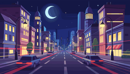 Vibrant cityscape at night, featuring a straight road lined with illuminated buildings and streetlights, with cars creating light trails as they speed by under a crescent moon and starry sky, evoking