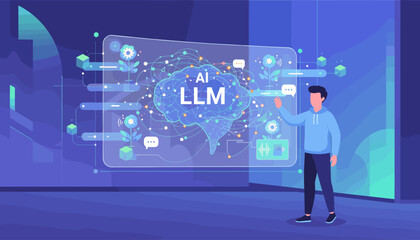 Vivid illustration of an AI Large Language Model (LLM) concept, showcasing a digital brain interface with interconnected nodes, data streams, and abstract elements, representing big data processing